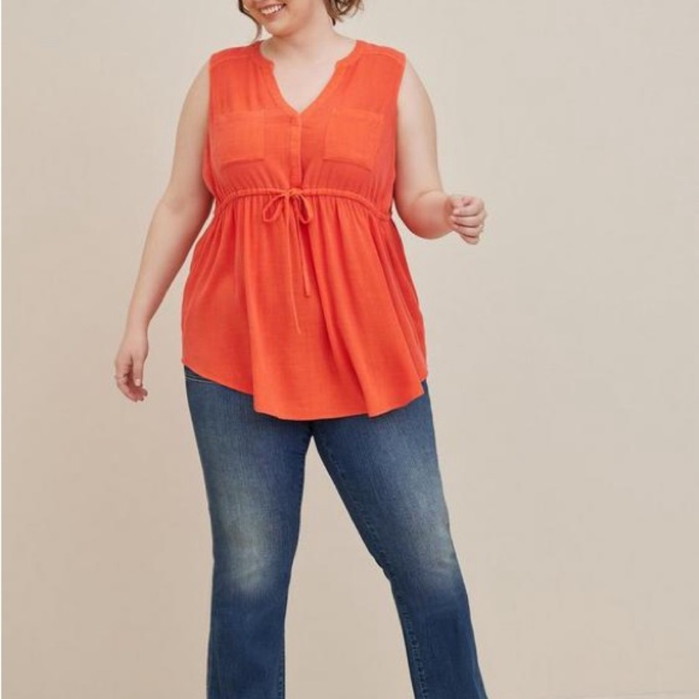 Torrid Coral Emma Babydoll Rayon Slub Tie Waist Sleeveless Tunic Top Size 2X EUC